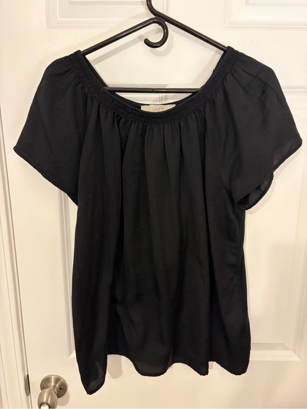 LOFT Black Short-Sleeve Smocked-Neck Blouse Medium